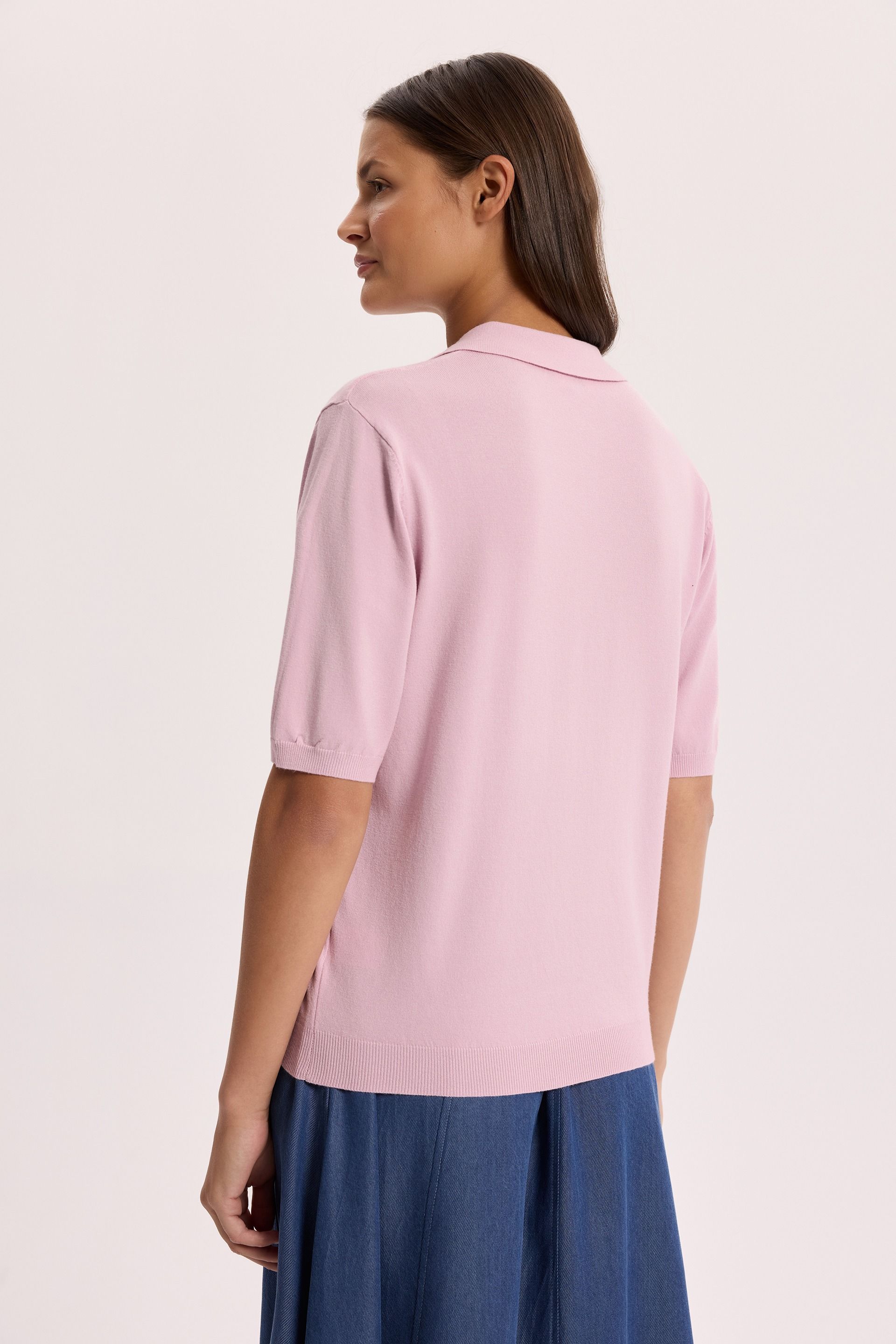 Damski sweter polo z krótkim rękawem w kolorze różowym | Makalu