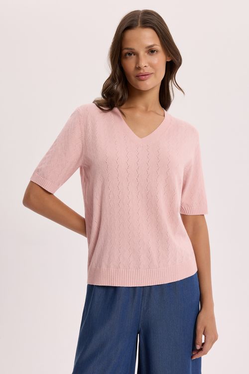 Różowy sweter damski z ażurowej dzianiny | Makalu