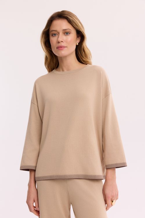 Beżowy sweter damski z rękawem 3/4 – dzianinowy sweter
