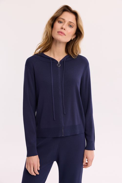 Granatowy dzianinowy sweter damski z kapturem