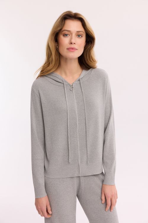 Szara bluza swetrowa damska – dzianinowa bluza z kapturem