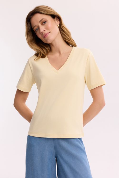 Jasnożółty T-shirt 100% bawełna – damski T-shirt z dekoltem V