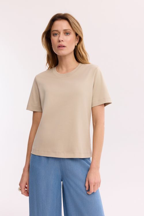 Beżowy T-shirt 100% bawełna – damski T-shirt z okrągłym dekoltem