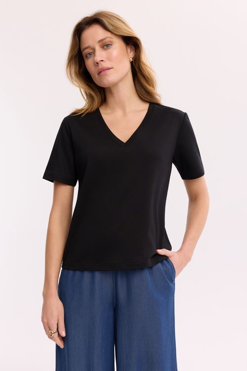 Czarny T-shirt 100% bawełna – damski T-shirt z dekoltem V