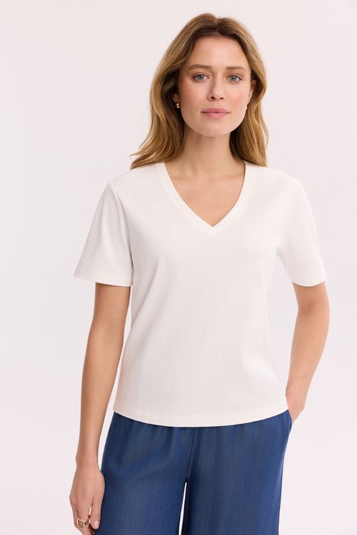 Biały T-shirt 100% bawełna – damski T-shirt z dekoltem V