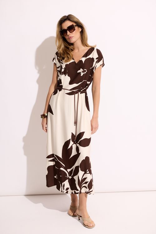 Beżowo-brązowa sukienka maxi w print – damska sukienka
