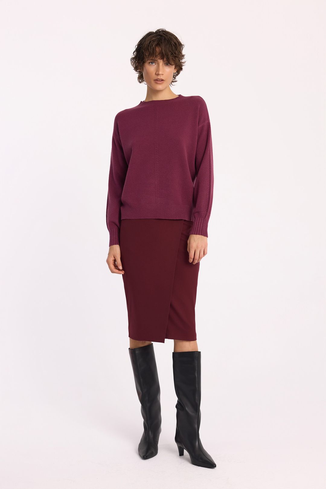 Sweter z okrągłym dekoltem z domieszką modalu burgundowy | Makalu