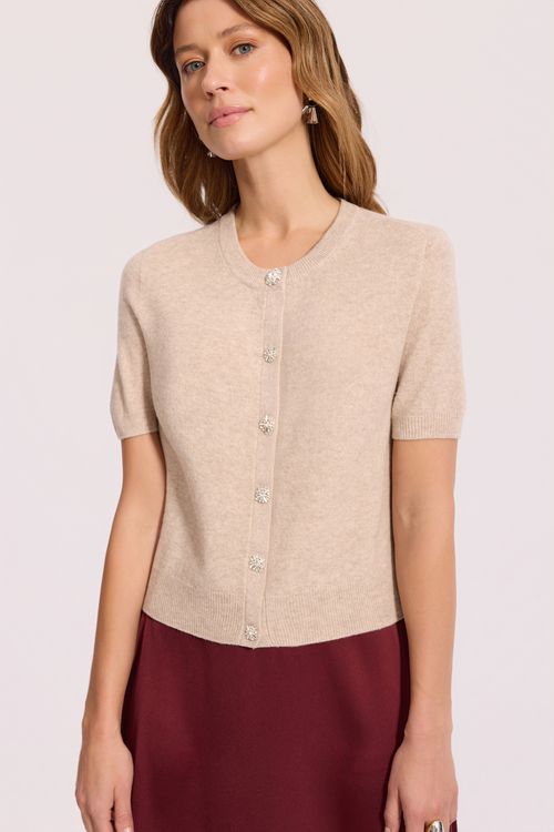 Beżowy sweter z wełną i kaszmirem z krótkim rękawem