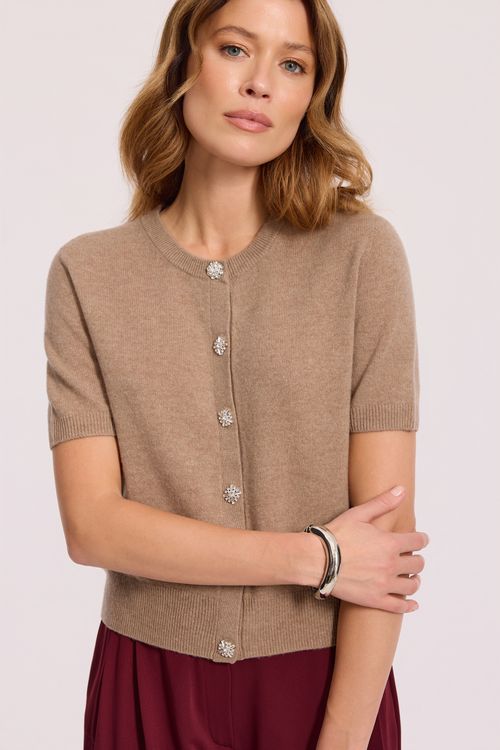 Beżowy sweter z wełną i kaszmirem z krótkim rękawem