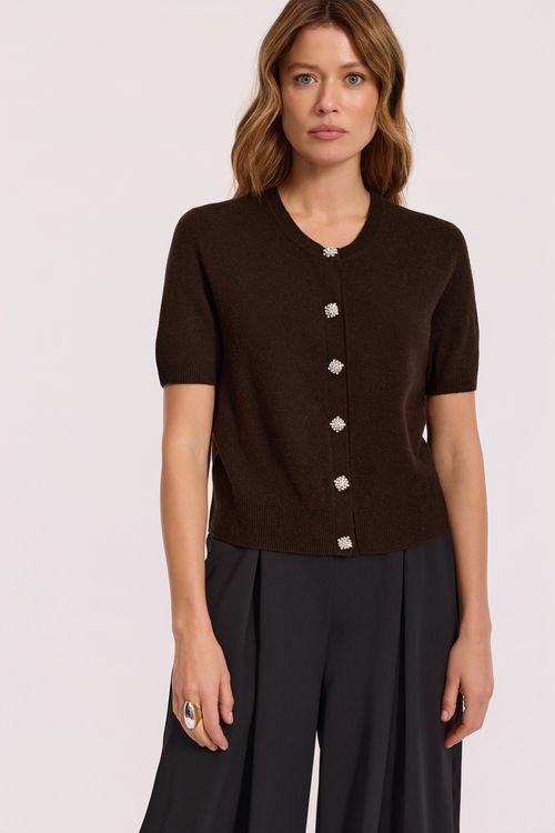 Brązowy sweter z wełną i kaszmirem z krótkim rękawem