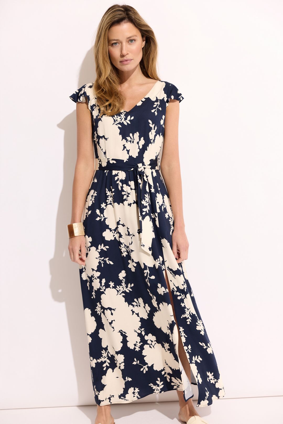 Granatowo-ecru sukienka maxi w print – damska sukienka