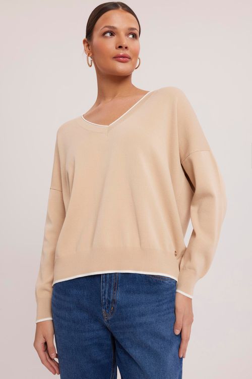 Dzianinowy sweter z kontrastową lamówką