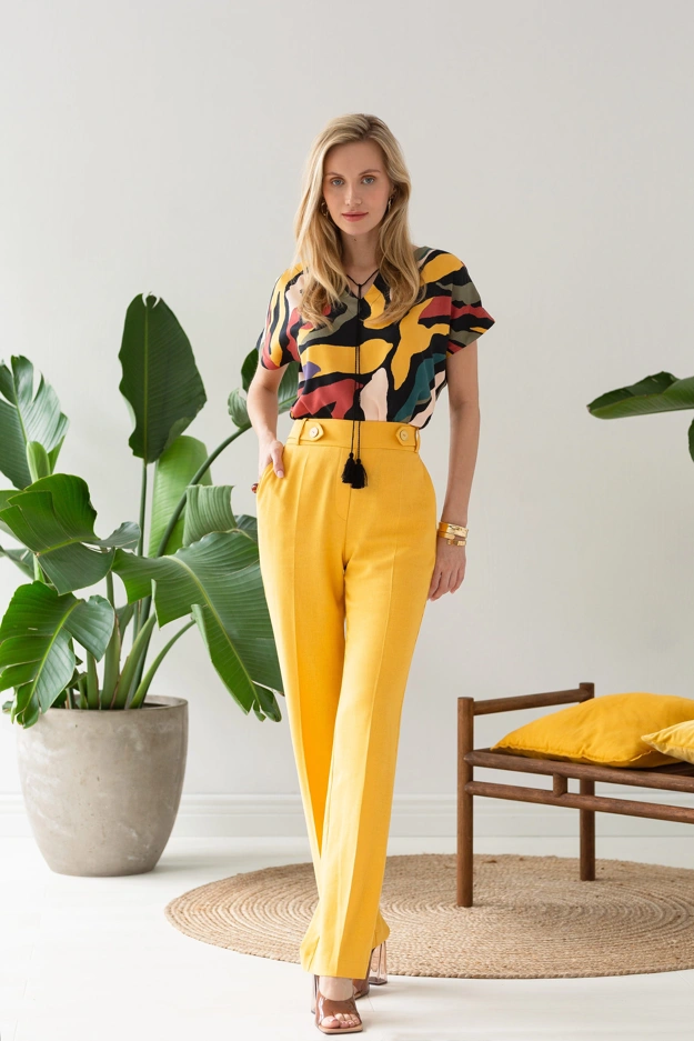 Lniane spodnie z kantem w żółtym kolorze Makalu
