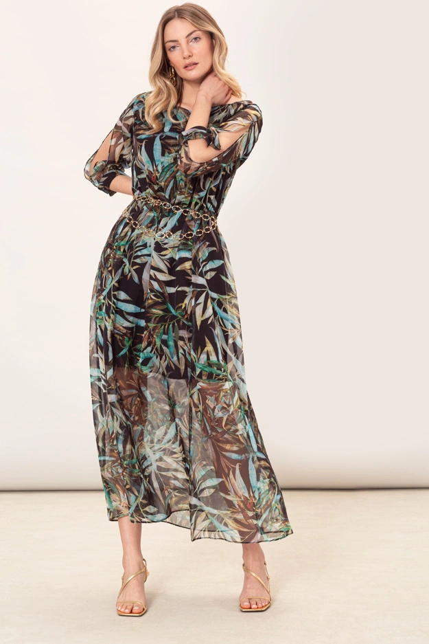 Szyfonowa sukienka maxi z motywem liści Makalu