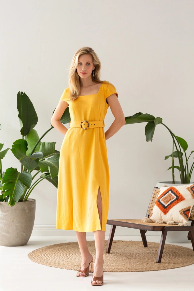 Lniana sukienka w żółtym kolorze Makalu